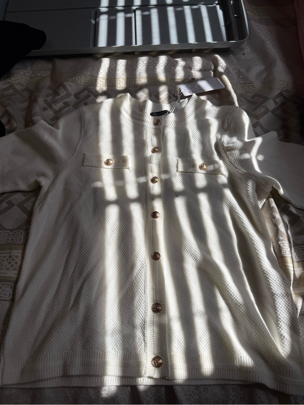 Cream Button-Front Knit Shirt with Gold Buttons